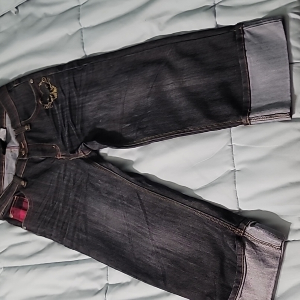 OLD SKOOL DENIM CAPRI/PANTS ROLLED CUFFS PINK STITCHING GOLD EMBROIDERED SIZE‎ 9